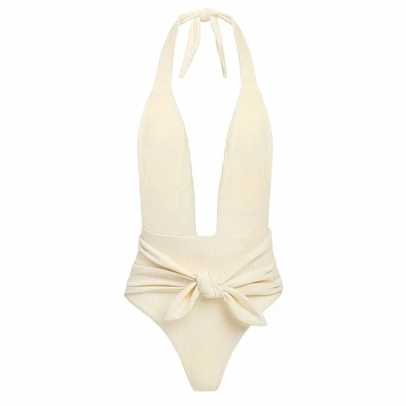 NEW Montce Tropez Tie-Up One Piece M tie waist ribbed Cream Rib - Picture 4 of 13